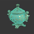 Vintage Turquoise And Gold Decorative Ornament Set With Floral Patterns Handles And Pedestal Base