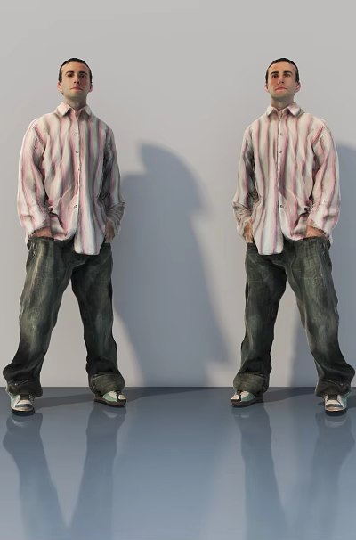 Intelligent Machine Created Human Characters Wearing Striped Shirts Jeans On Gray Background Reflective Floor 3d model