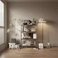 Stylish Dresser with Decorative Items Books and Potted Plants by Floor Lamp and Window Blinds