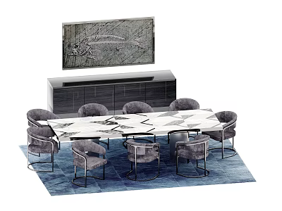 Modern Dining Table And Chairs Set With Marble Top Gray Upholstered Seats Sideboard And Blue Rug 3d model