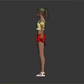 Woman in yellow off shoulder top and red short skirt arms outstretched white background