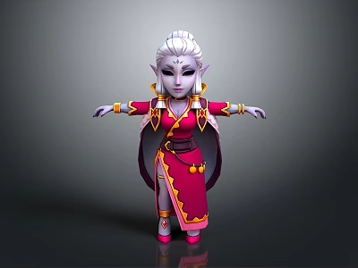 Elven Fantasy Character with White Hair Purple Skin in Red Gold Robe Standing Arms Outstretched 3d model