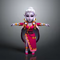 Elven Fantasy Character with White Hair Purple Skin in Red Gold Robe Standing Arms Outstretched