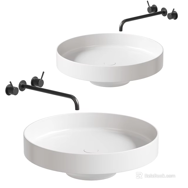 Two Stylish White Round Washbasins With Modern Black Faucet Fixtures 3d model 