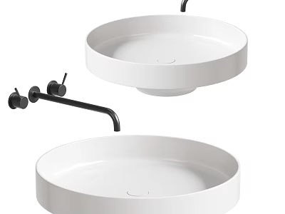 Two Stylish White Round Washbasins With Modern Black Faucet Fixtures 3d model