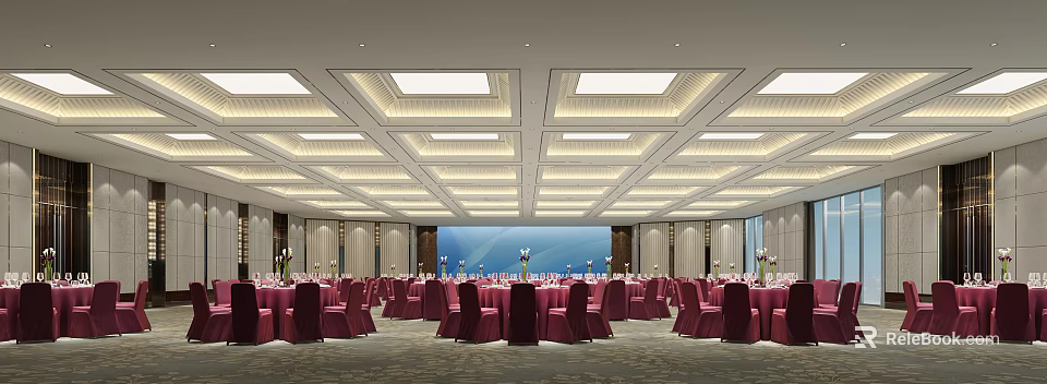 Spacious Banquet Hall With Red Chairs Tables Blue Backdrop And Grid Ceiling Lights 3d model 