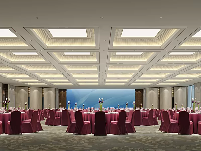 Spacious Banquet Hall With Red Chairs Tables Blue Backdrop And Grid Ceiling Lights 3d model