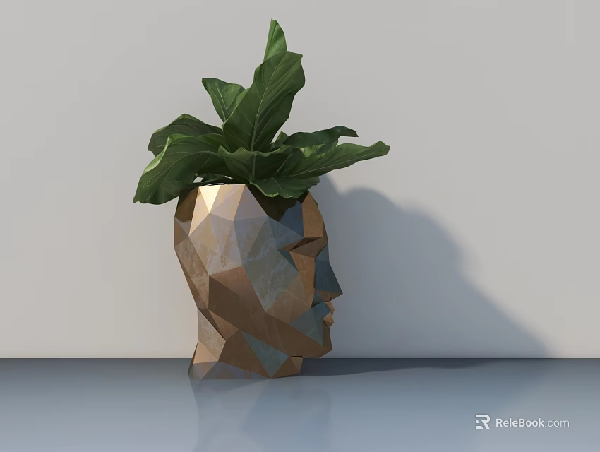 Lush Green Bonsai Potted Plant In Human Head Shaped Geometric Polyhedron Pot On Smooth Tabletop 3d model 