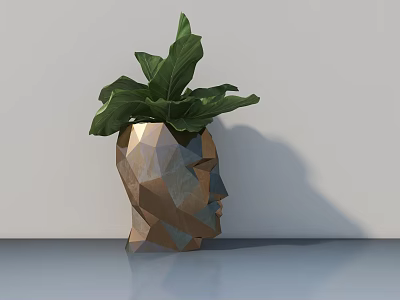 Lush Green Bonsai Potted Plant In Human Head Shaped Geometric Polyhedron Pot On Smooth Tabletop 3d model