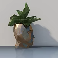 Lush Green Bonsai Potted Plant In Human Head Shaped Geometric Polyhedron Pot On Smooth Tabletop