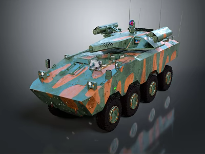 Camouflaged Armored Military Vehicle With Six Wheel Design And Weapon System 3d model