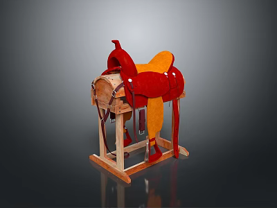 Red And Orange Saddle Resting On Wooden Stand For Daily Household Use 3d model