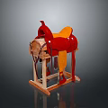 Red And Orange Saddle Resting On Wooden Stand For Daily Household Use
