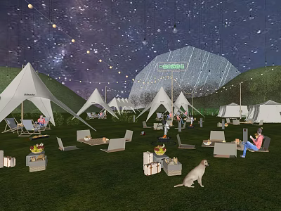 Starry Sky Campsite With White Tents String Lights Green Grass And Relaxing Area 3d model