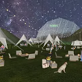 Starry Sky Campsite With White Tents String Lights Green Grass And Relaxing Area