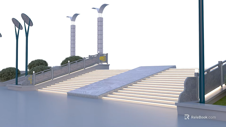 Elegant Square Landscape With Stone Steps Lampposts Railing And Green Bushes 3d model