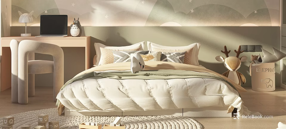 Cute Kids Bed with Star Leaf Pattern Soft Pillows Deer Figurine and Cozy Rug 3d model 