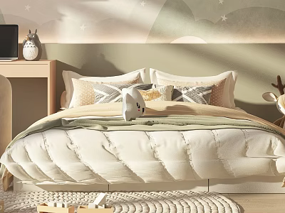 Cute Kids Bed with Star Leaf Pattern Soft Pillows Deer Figurine and Cozy Rug 3d model