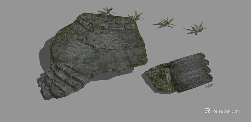 Natural Stone Construction Components With Broken Rock Moss And Small Plants 3d model