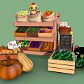 Cute Cats Around Colorful Vegetable Fruit Market Stall With Wooden Shelves Crates And Chalkboard