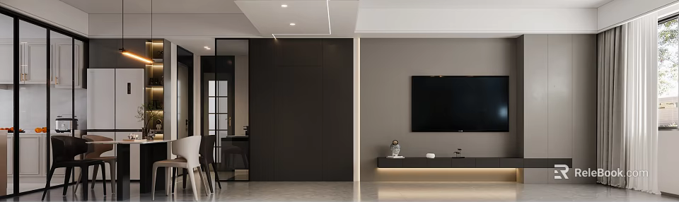 Contemporary Minimalist Living And Dining Room With Floating TV Cabinet And Soft Ambient Lighting 3d model 