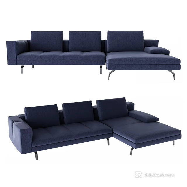 Navy Blue L Shaped Sectional Sofa With Upholstered Fabric Multiple Cushions And Metal Legs 3d model 