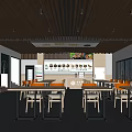 Modern Mall Restaurant Interior With Wooden Tables Orange Chairs And Menu