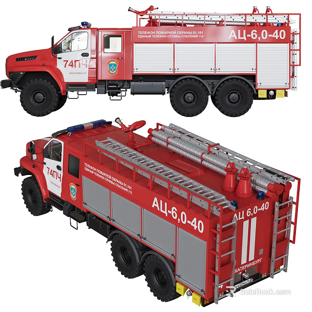 Functional Fire Trucks With Red White Gray Body Featuring Rescue Ladders And Equipment 3d model 