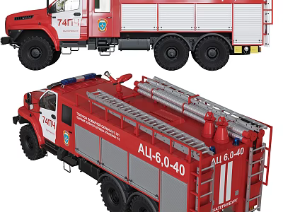 Functional Fire Trucks With Red White Gray Body Featuring Rescue Ladders And Equipment 3d model
