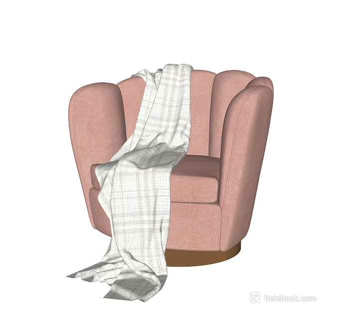 Pink Upholstered Armchair With Plaid Blanket And Curved Back Design 3d model 