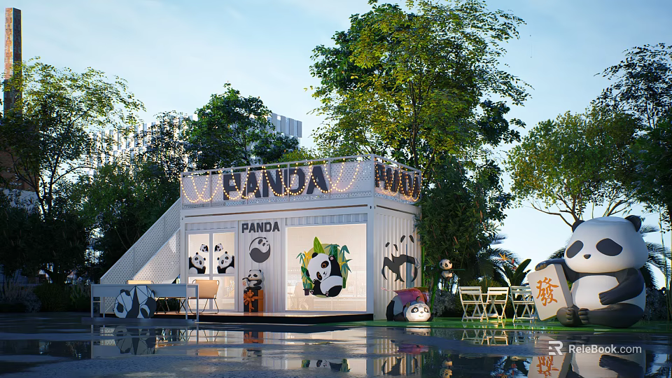 Industrial Equipment Container With Panda Theme Featuring Outdoor Trees And Seating Area 3d model 