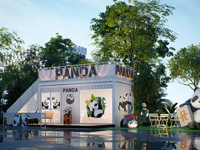 Industrial Equipment Container With Panda Theme Featuring Outdoor Trees And Seating Area 3d model