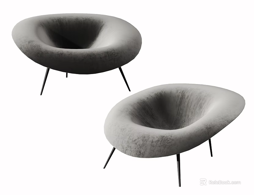 Two Modern Round Design Velvet Accent Chairs With Thin Black Legs 3d model 