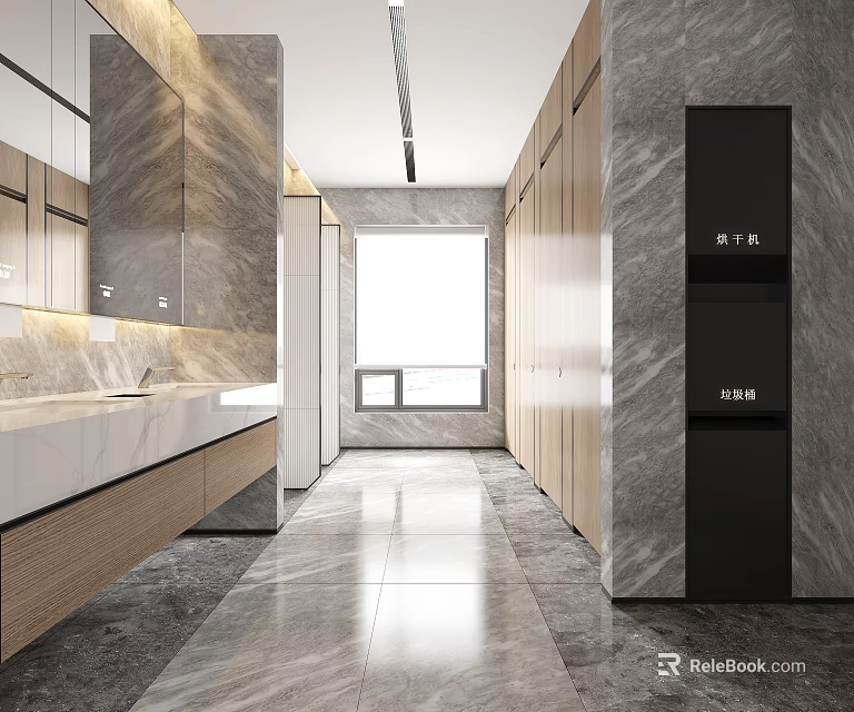 Modern Luxury Public Restroom With Marble Sink Storage Cabinets Windows Mirrors And Light Strips 3d model 