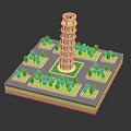 Miniature Leaning Tower Architectural Model With Green Trees On Square Base