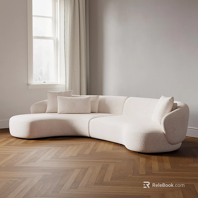 Plush White Abstract Shaped Sofa With Curved Design And Cushions In Herringbone Wooden Floor Interior 3d model 