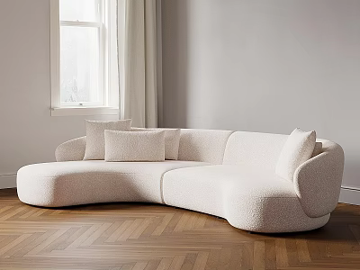 Plush White Abstract Shaped Sofa With Curved Design And Cushions In Herringbone Wooden Floor Interior 3d model