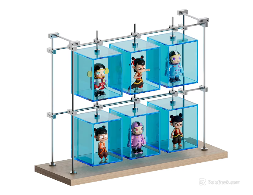 Multiple Dolls in Transparent Display Cases with Metal Frame and Wooden Base 3d model 