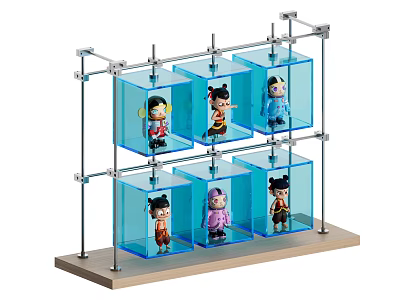 Multiple Dolls in Transparent Display Cases with Metal Frame and Wooden Base 3d model