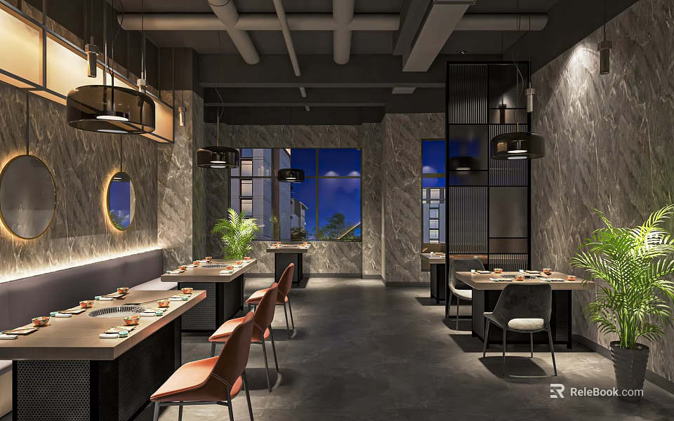 Modern Hot Pot Restaurant Interior With Dining Tables Chairs Pendant Lights And Plants 3d model 