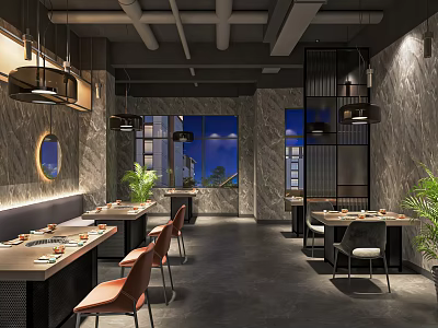 Modern Hot Pot Restaurant Interior With Dining Tables Chairs Pendant Lights And Plants 3d model