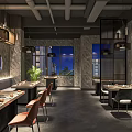 Modern Hot Pot Restaurant Interior With Dining Tables Chairs Pendant Lights And Plants
