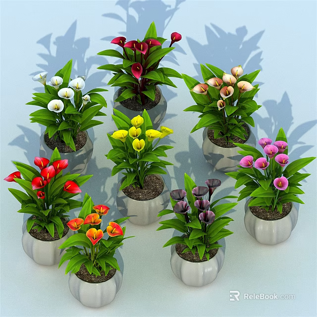 Colorful Potted Bonsai Plants with Assorted Colored Flowers Green Leaves in Silver Pots 3d model 