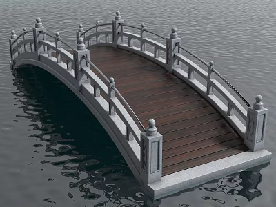 Traditional Chinese Style Arch Bridge With Wooden Deck Stone Railings And Water Reflection 3d model