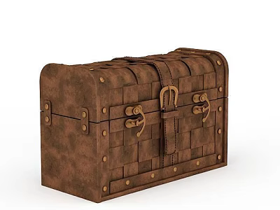 Vintage Brown Storage Chest With Woven Texture And Metal Buckles Rivets 3d model