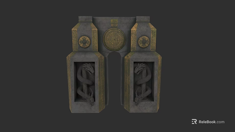Ornate Stone Gate With Dragon Carvings And Circular Motifs On Side Panels 3d model 