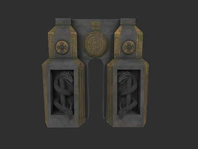 Ornate Stone Gate With Dragon Carvings And Circular Motifs On Side Panels 3d model