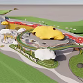 Fun Colorful Kids Playground With Yellow Cloud Structures Red Arches And Raindrop Decorations