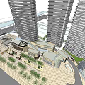 Modern High Rise Office Building Complex With Urban Plaza And Green Landscaping