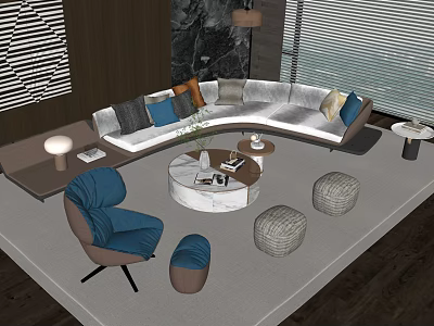 Modern Curved Sofa With Colorful Cushions And Round Coffee Table In Living Room 3d model